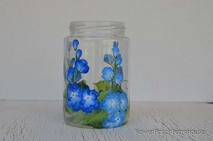 Paint Delphiniums on glass. A fun way to upcyle glass jar or paint them on wine glasses!