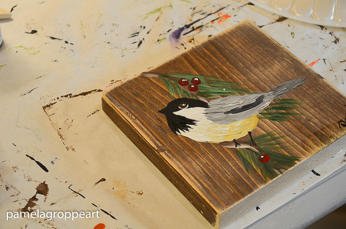 chickadee painted on small wood square