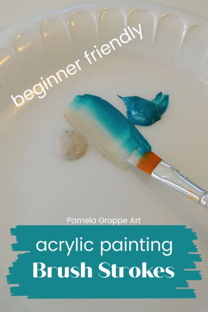 paint brush stroke on white plate with text overlay, paint brush strokes for acrylic painting, pamela groppe art