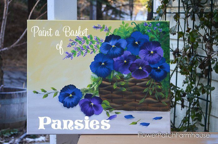 Basket of Pansies acrylic painting with text overlay Paint a Basket of Pansies.