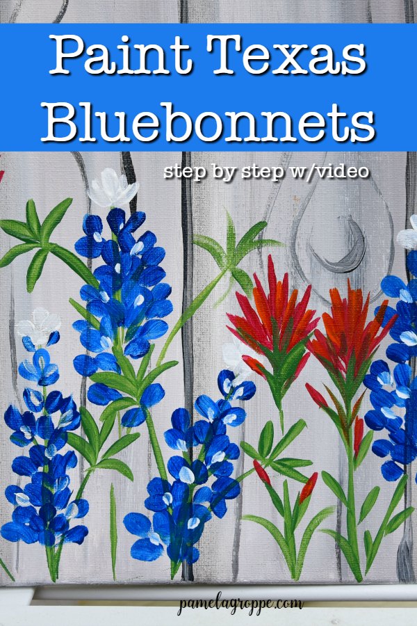 Painting texas bluebonnets on canvas with Indian paintbrush, text overlay, Paint Texas Bluebonnets with step by step video