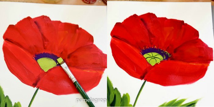 paint in green centers for large red poppy