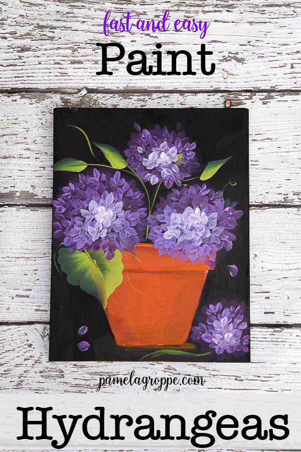 acrylic painting of purple hydrangeas in a terra cotta pot with text overlay, Fast and easy, Paint Hyrdrangeas, pamelagroppe.com