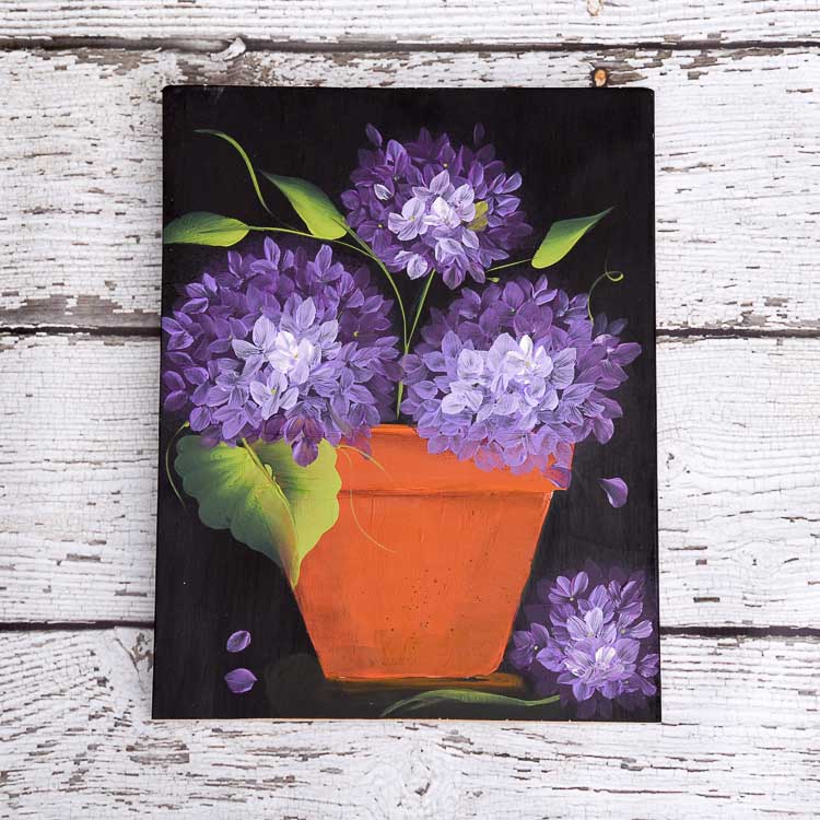 hand painted terra cotta pot with purple hydrangeas, How to Paint a Terra Cotta pot in acrylics