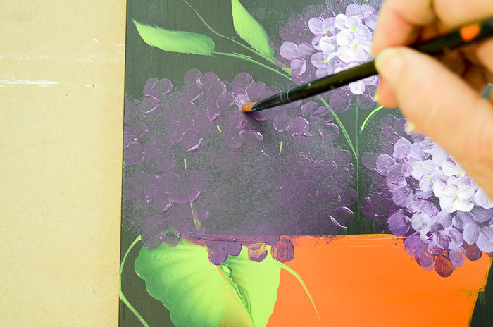 Purple hydrangeas beginning petals, Paint Hydrangeas in a Terra Cotta Pot
