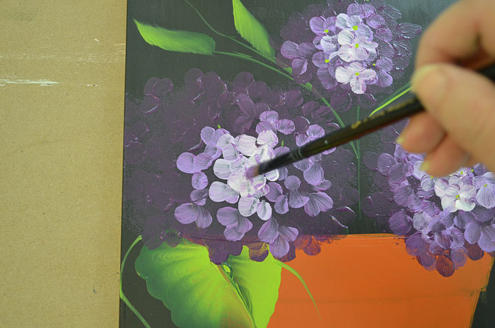 Purple hydrangeas beginning petals, highlights, Paint Hydrangeas in a Terra Cotta Pot