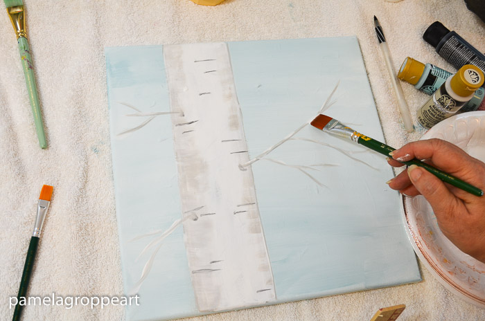 Tap snow onto the Aspen branches, How to Paint an Aspen tree, or Birch tree