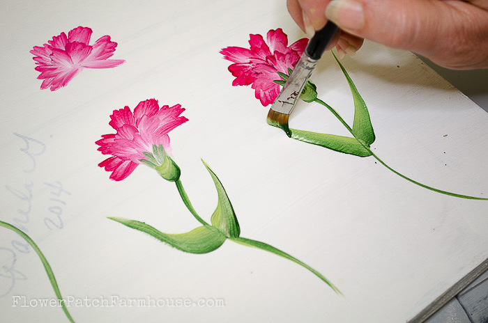 Painting carnation leaves, pamela groppe art