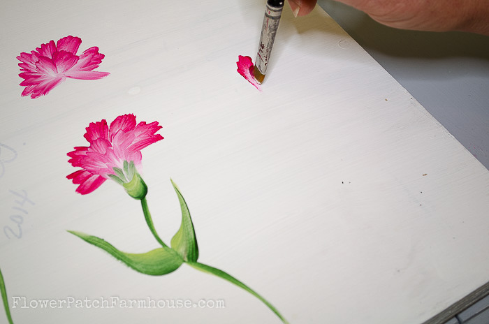 Beginning stroke of painting carnations in acrylics, pamela groppe art