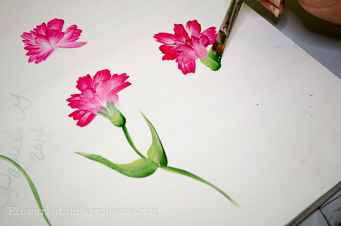 Painting the calyx of the carnation with a u stroke, pamela groppe art