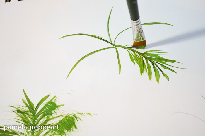 Adding palm frond strokes to palm tree painting, pamela groppe art