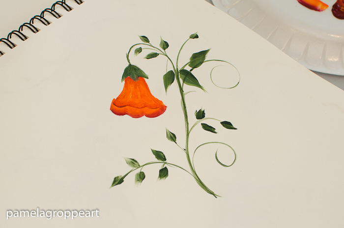 Painted trumpet vine with leaves and stem, pamelagroppe.com