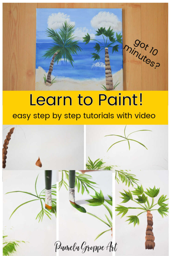 collage of painting palm trees steps