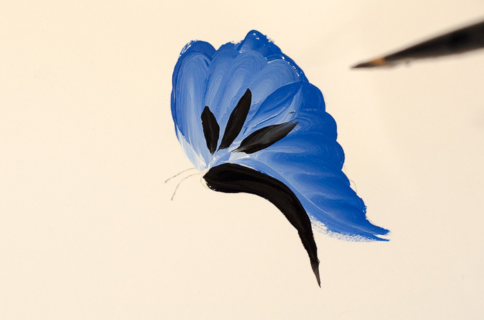 Painting blue butterfly in acrylics, pamelagroppe.com