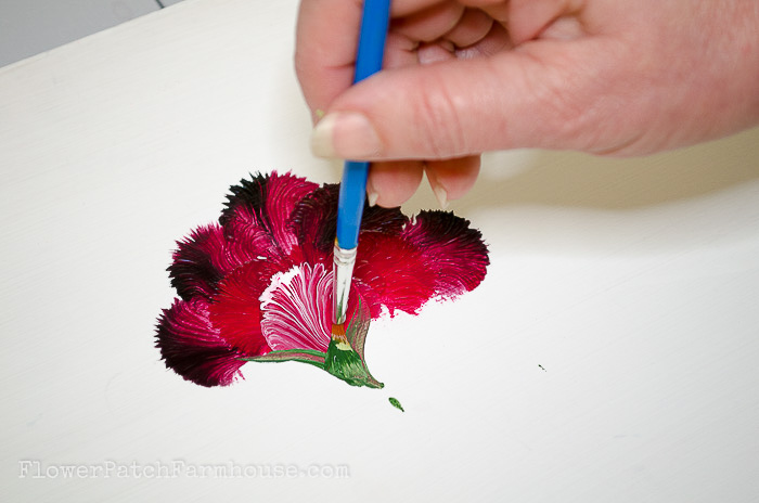 Painting the calyx and stem on carnation, pamelagroppe.com