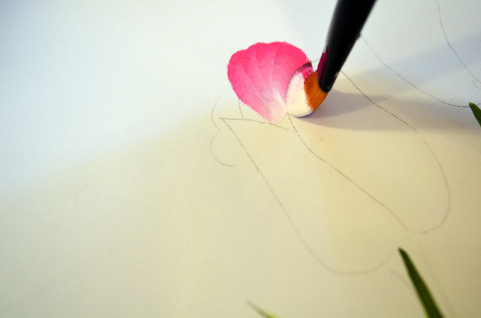 painting back petals of pink tulip, pamela groppe art, how to paint pink tulips fast and easy