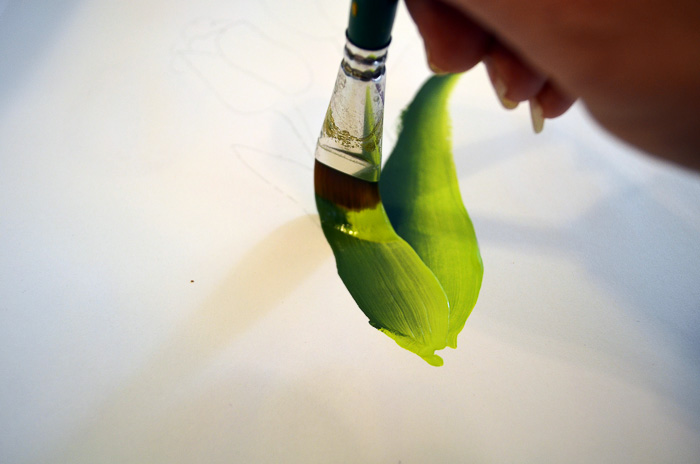 Painting tulip leaves, pamela groppe art