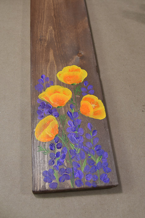 California Poppies and lupines hand painted on a pine board, pamela groppe art