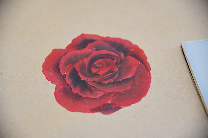 A red rose painting in acrylics on brown craft paper, How to Paint a Red Rose, pamela groppe art