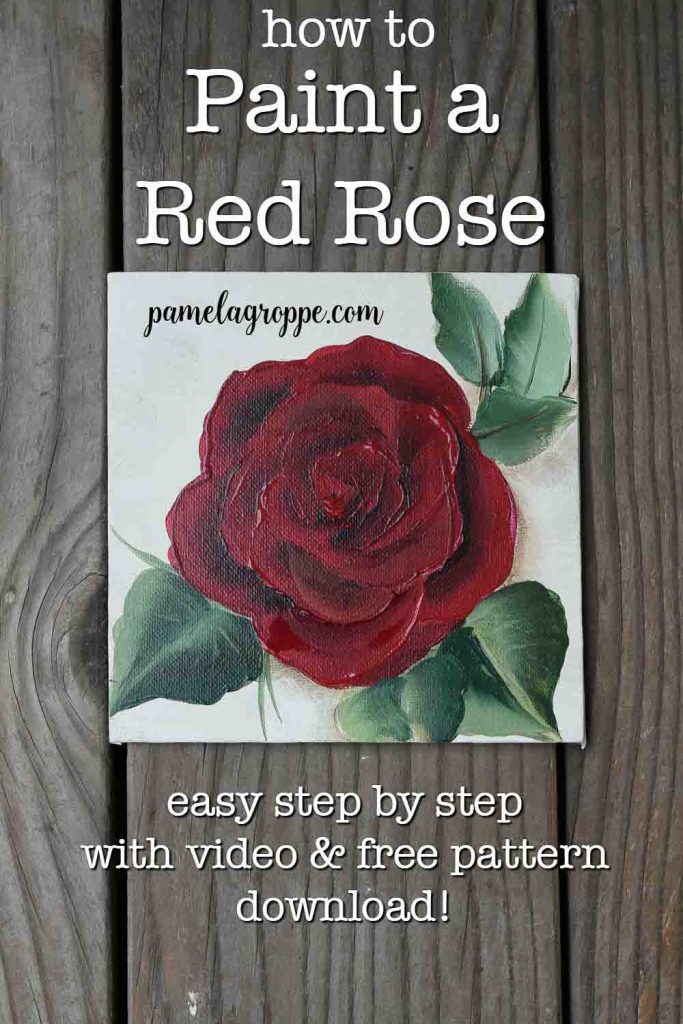 Hand painted red rose on square canvas with text overlay, how to paint a red rose, easy step by step with free video and pattern