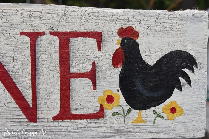 hand painted rooster on diy sign, Pamela Groppe Art