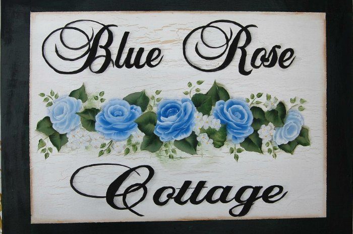 Hand painted Blue rose cottage sign with crackle finish, blue roses in center