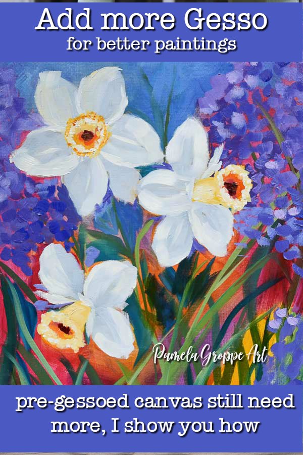 daffodils painted in oils, blue background flowers, pamela groppe art