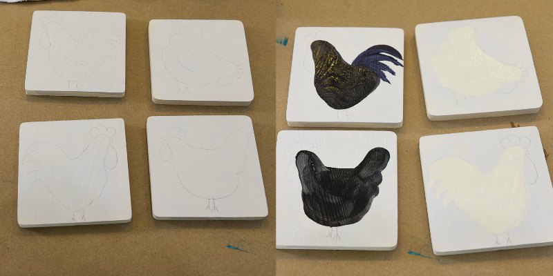 base painted chicken pattern on wood coasters, pamela groppe art