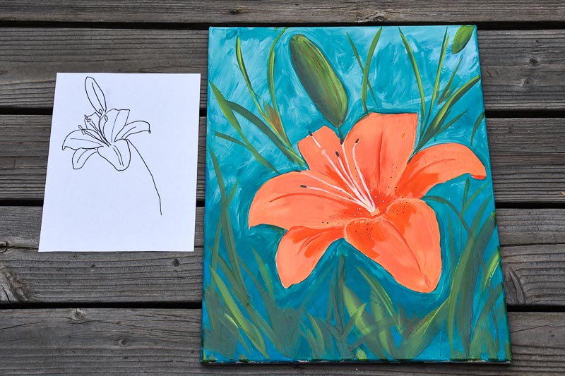 Painting pattern next to large painting of an orange lily, Pamela Groppe Art