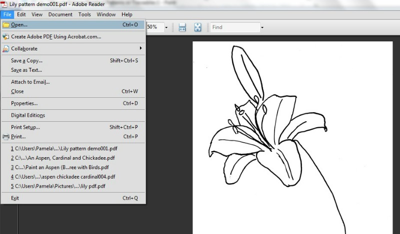 Lily Painting pattern pdf open in Adobe Reader