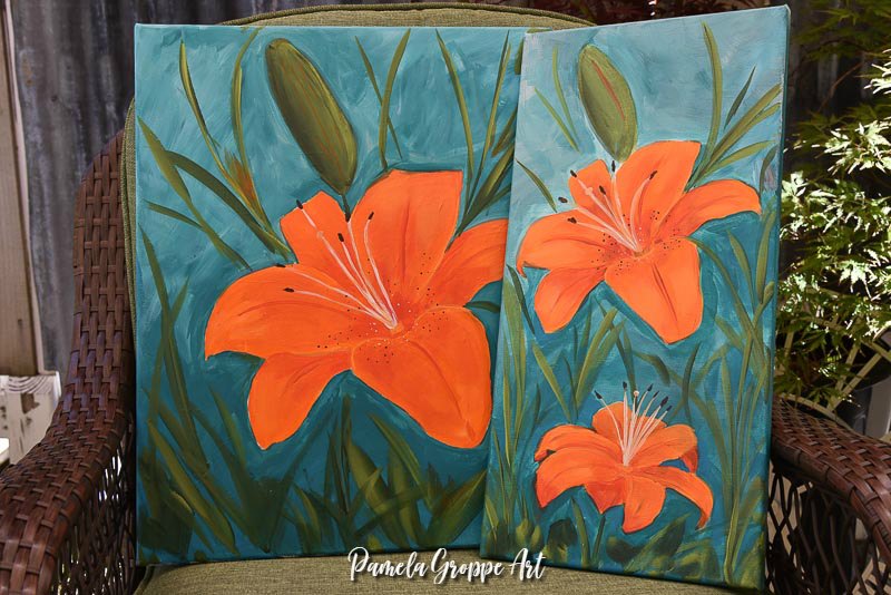 Two canvas paintings of an Orange lily in acrylics, Pamela Groppe Art