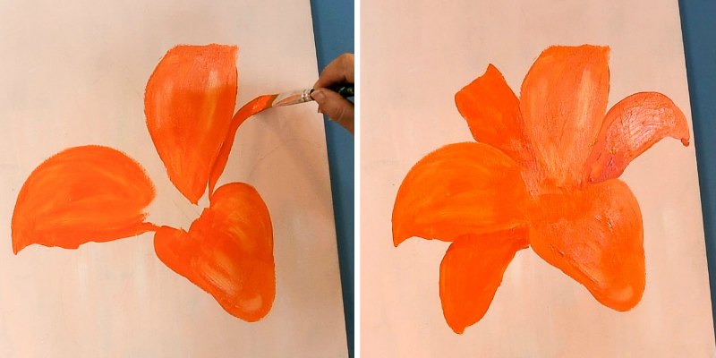 Painting an orange poppy in progress, add underpetals in a darker orange color