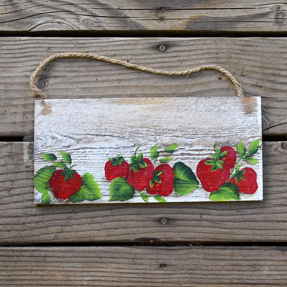 Strawberries painting on a board with rope hanger