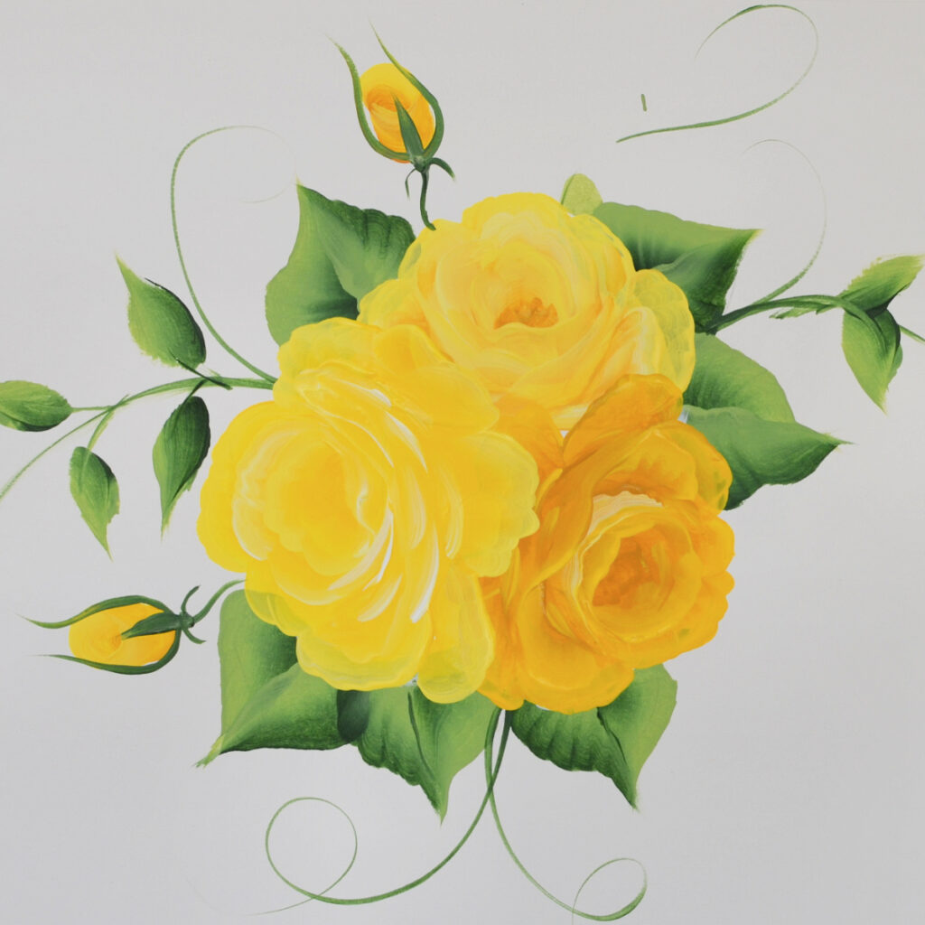 3 yellow roses painted in acrylics on white background