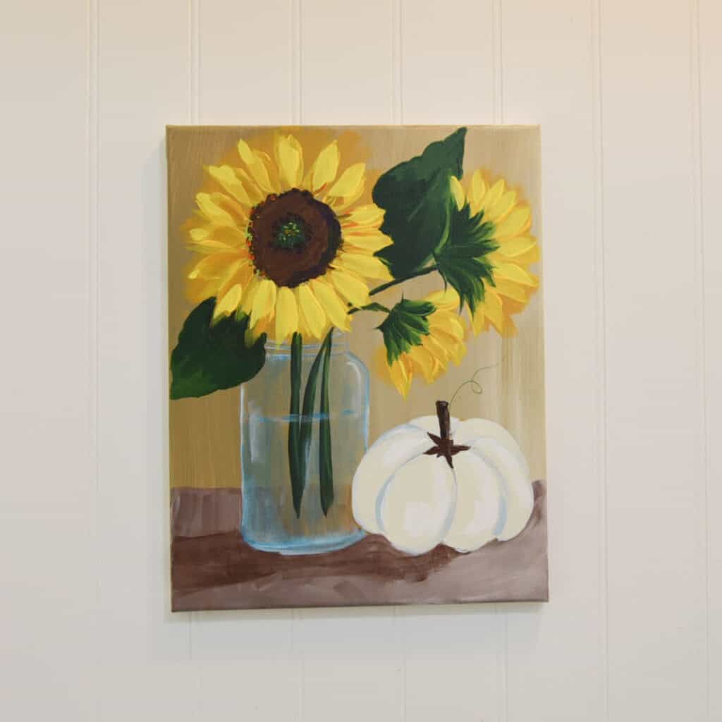 sunflower in a mason jar with pumpkin painting, easy flower painting