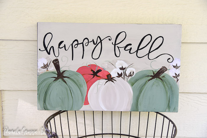 happy fall diy sign painted with pumpkins and cotton bolls