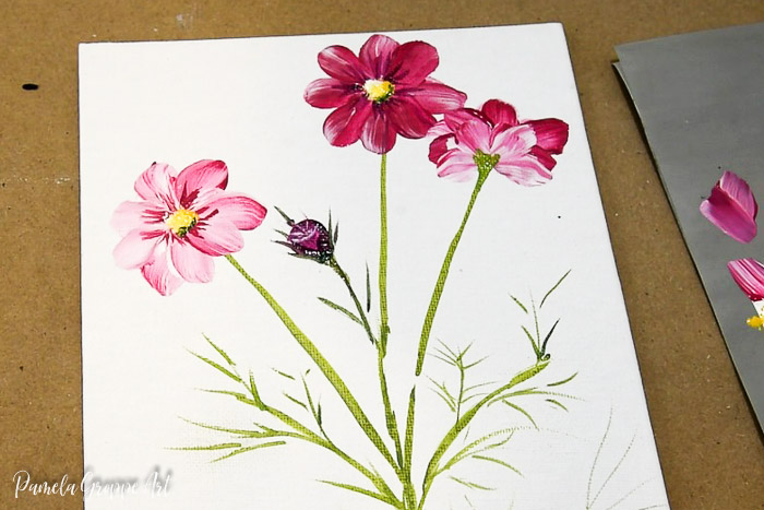 Cosmos flower painting in acrylics with text overlay, How to Paint Cosmos, Pamela Groppe Art