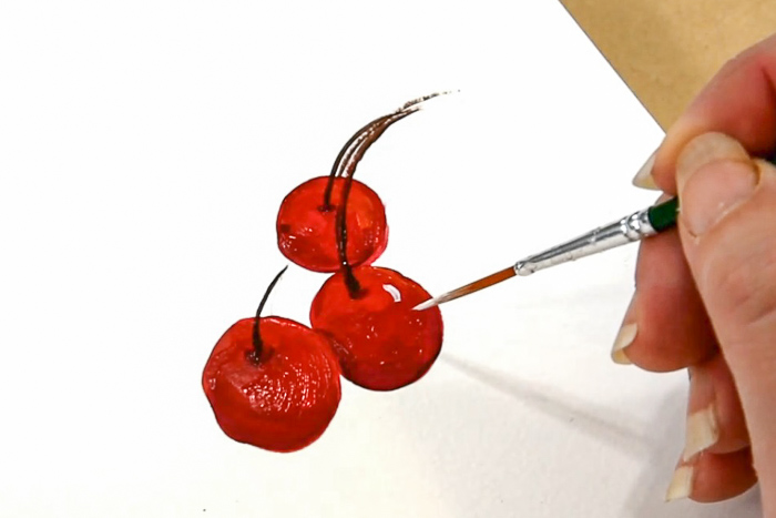 Adding a spark of light to cherry painting, pamela groppe art, how to paint cherries