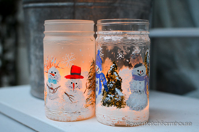 Snowmen painted on frosted glass jar, how to frost glass, pamela groppe art