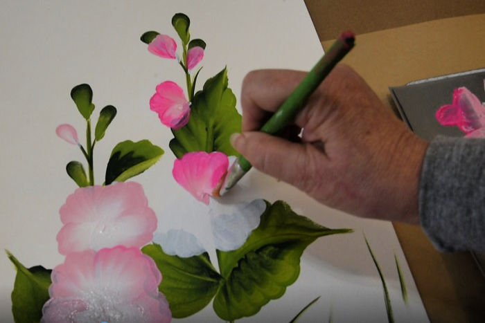 painting a hollyhock petal, pamela groppe art