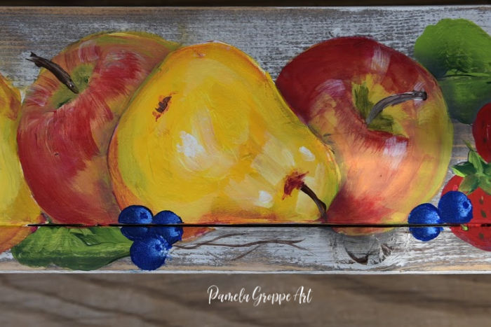 Blueberries painted in acrylics with other fruit, Pamela Groppe Art