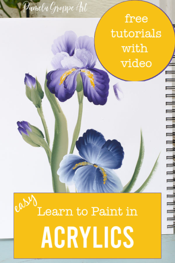 Acrylic Iris painting with text overlay, easy learn to paint in Acrylics, with video