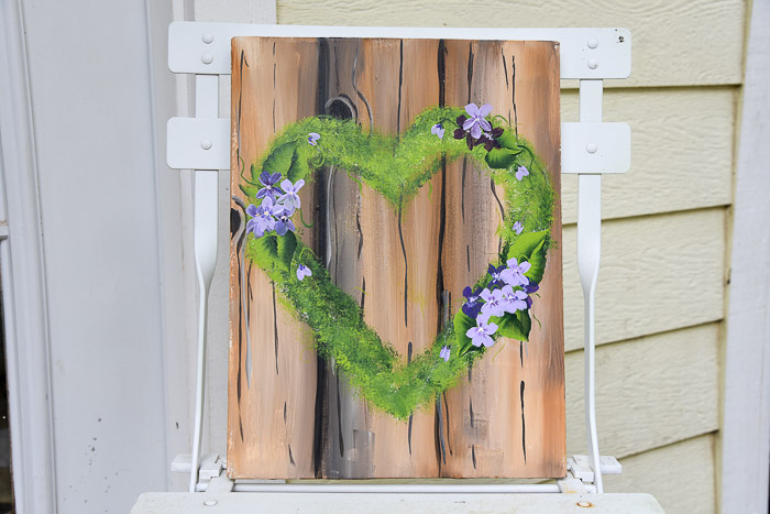 Painted mossy heart wreath with violets, pamela groppe art