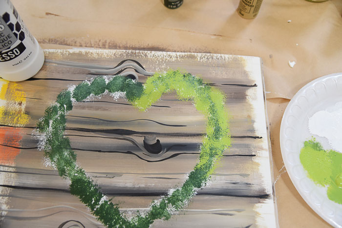 Adding Citrus Green to painted heart wreath, Pamela Groppe Art