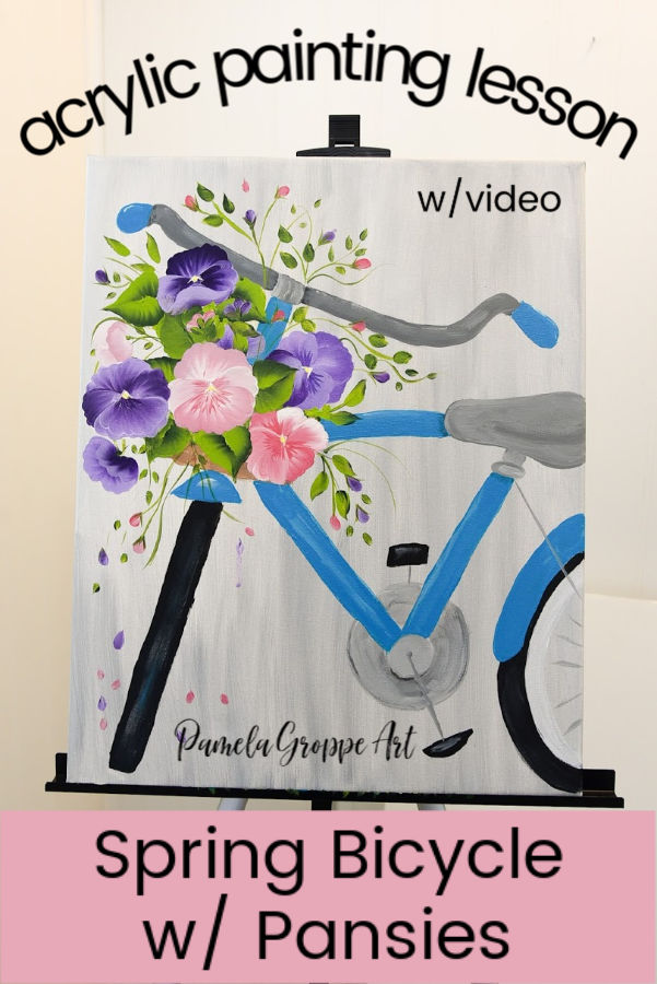 Bicycle painting with pansies, Spring acrylic painting tutorial