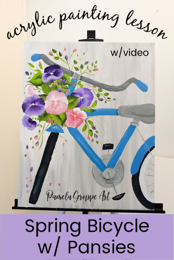 blue bicycle acrylic painting with pansies in the basket, text overlay, Paint a Spring Bicycle in Acrylics tutorial