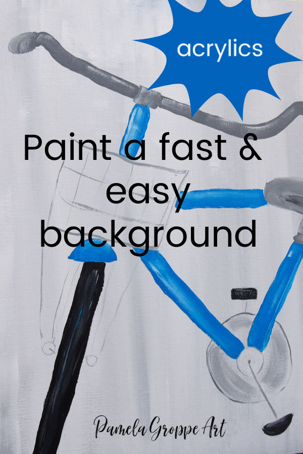 Blue bicycle painting with Text overlay, Paint a fast and easy background in acrylics. Pamela Groppe Art

