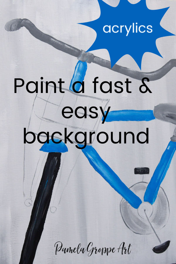 Blue bicycle painting with Text overlay, Paint a fast and easy background in acrylics. Pamela Groppe Art