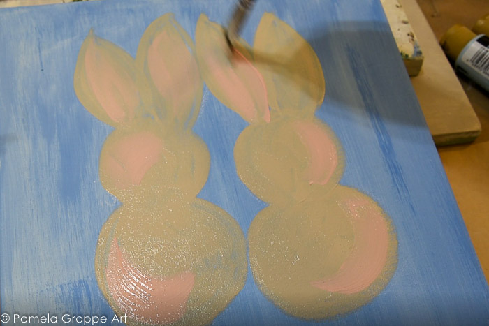 paint bunnies with some pink over the linen in areas