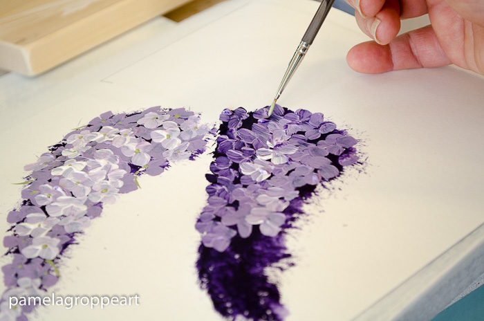 Add centers to lilac flowers, paint lilacs in acrylics